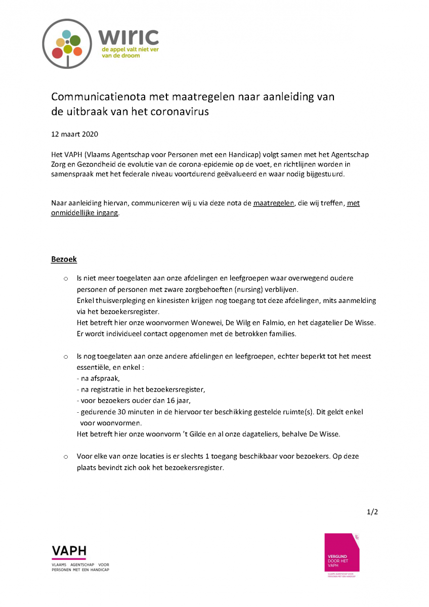 Communicatienota Met Maatregelen Naar Aanleiding Van De Uitbraak Van ...